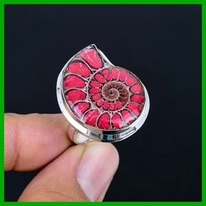 925 Sterling Silver Pear Pink Shade Ammonite Fossil Gemstone Statement Boho Ring - Picture 1 of 11
