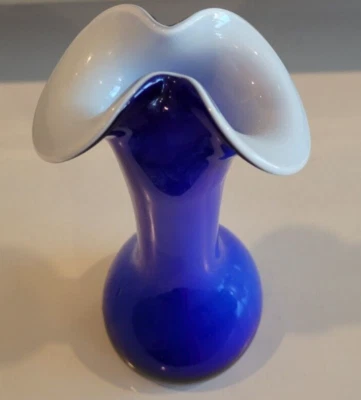 COBALT BLUE HANDBLOWN FLOWER VASE WHITE INTERIOR 8 INCHES TALL - Image 1 of 4