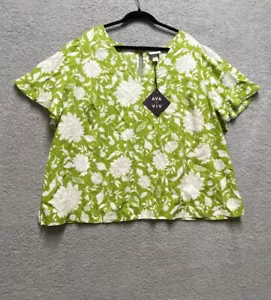 Ava & Viv Blouse Womens 2X Green Short Sleeve Floral V Neck Plus Size Shirt Top - Picture 1 of 7