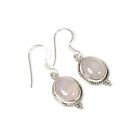 925 Solid Sterling Silver Pink Rose Quartz Hook Earring-1.3 Inch B