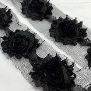 1 YARD BLACK FLOWER RIBBON CHIFFON LACE TRIM SHABBY CHIC EMBELLISHMENT HEADBANDS - Picture 1 of 1