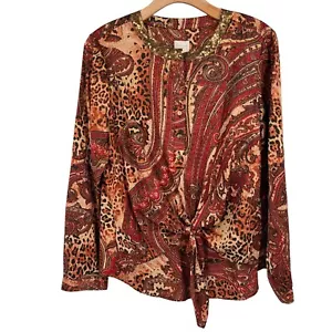 Chicos Women's Blouse Top Paisley Print Red Satin Sequin Tie Bottom Sz Medium - Picture 1 of 12
