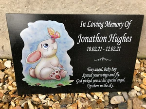 Large Personalised Baby Child Granite Memorial Grave Plaque Cute Rabbit & Verse - Picture 1 of 4