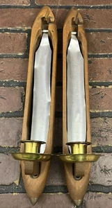 Pair Vintage Wood Weaving Loom Shuttle Candle Holders / Wall Sconces - Picture 1 of 9