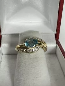 14k Gold Ring With A Sideways Set Blue Zircon And Small Diamonds - Picture 1 of 14