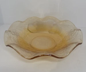 Jeanette Carnival Glass Bowl Vtg Iridescent Orange Floragold Louisa Ruffled 9.5" - Picture 1 of 6
