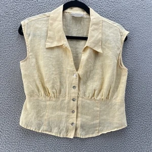 Coldwater Creek Linen Blouse Women 8 Petite Yellow Collar Loop Y2K Coastal Vacay - Picture 1 of 15