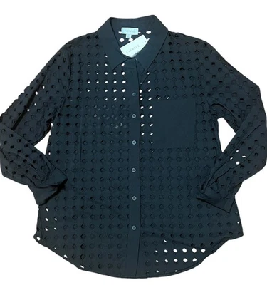 Evereve Black Diamond Opening Pattern Button Up Long Sleeve Top Sz M NWT - Image 1 of 4