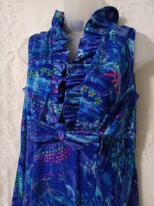 Vintage Kolina Barkcloth Psychedelic Daisy Blue Watteau Maxi Hawaiian Dress M - Picture 1 of 11