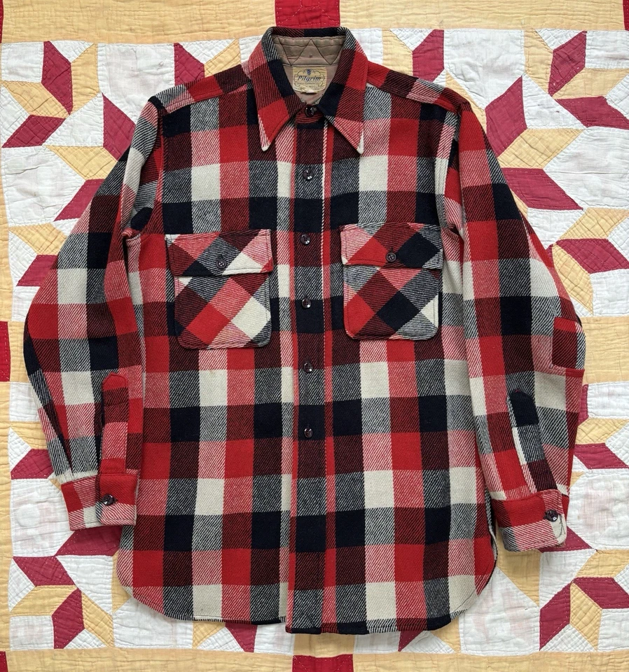 Camisa de lana peregrina vintage años 40 50 a cuadros talla mediana al aire libre reparada como está Foto 1 de 4