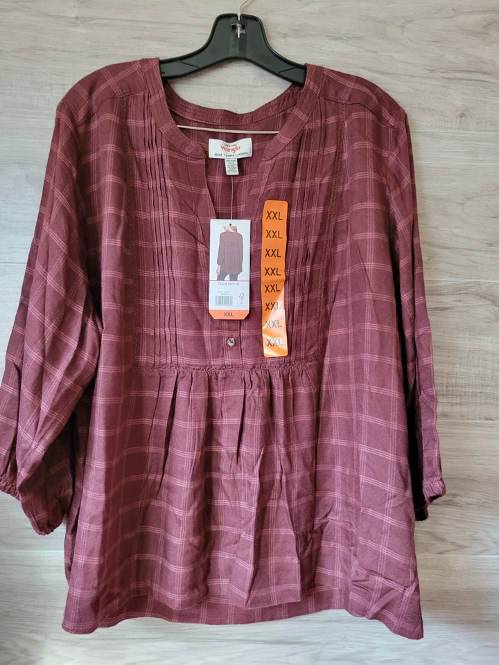 Wrangler Babydoll Plaid Blouse Top Brown Size S Small Lightweight 3/4 Sleeve