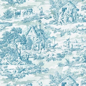 Textiles franceses de tela Toile de Jouy (Oberkampf) azul y blanco cerúleo - Imagen 1 de 5