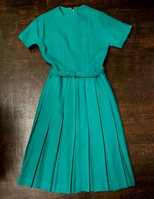 Vintage Green Wool Pleated Dress Belted Designer Rockabilly Secretary Geek MCM - Image 1 of 4