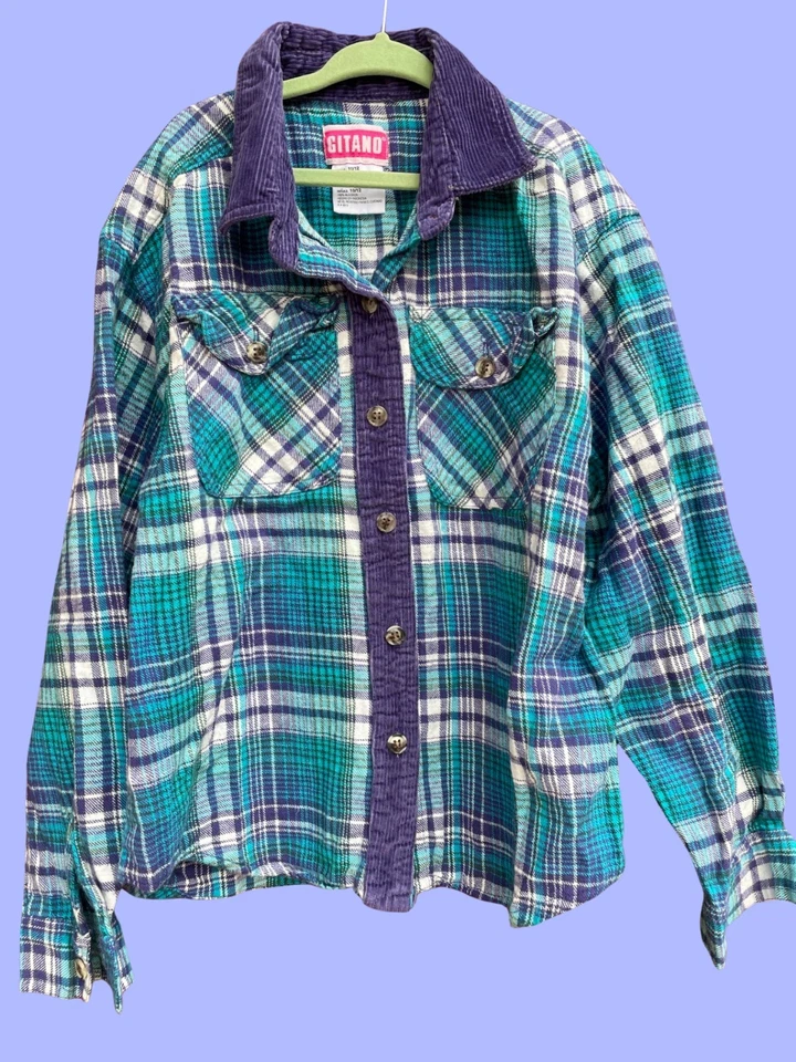DE COLECCIÓN AÑOS 90 NIÑOS RETRO AZUL Y MORADO GITANO FRANELA ABOTONADA TALLA 10/12 Foto 1 de 1