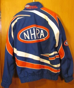 NHRA Jacket Mens L Blue Red Swirl Striped Vtg 90s Winston Drag Racing Coat Heavy - Picture 1 of 17