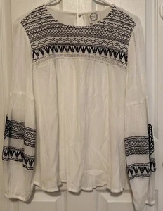 Blue Rain Blouse Shirt Women's Small Embroidered Boho White Blue Long Sleeves - Picture 1 of 9