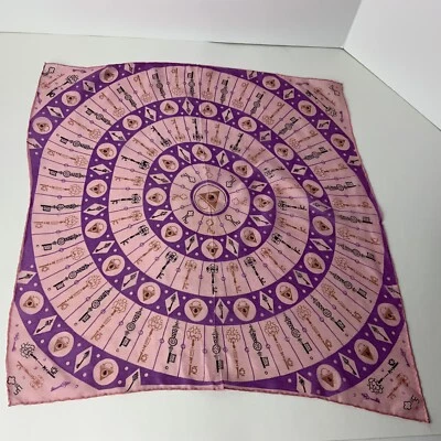 Pink Silk Hand Rolled Small Square Vintage Scarf Keys Design - Image 1 of 4