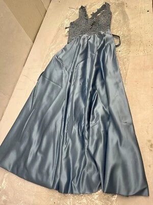 New WanXiao V Neck Lace Appliques Satin Long Formal Dress 10 Light Blue B5-138 - Image 1 of 4