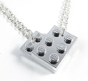 Silver Love Heart Necklaces x2 made with Chrome LEGO Bricks valentines day gift - Picture 1 of 6