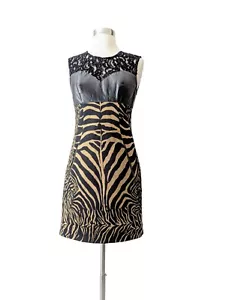 TRACY REESE Dress Black Tan Animal Print Velvet Lace Lamb Leather Sheath Sz 2 - Picture 1 of 10