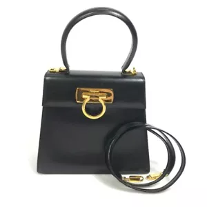 SALVATORE FERRAGAMO Gancini Shoulder Bag Hand Bag 2 way bag Leather Black - Foto 1 di 12