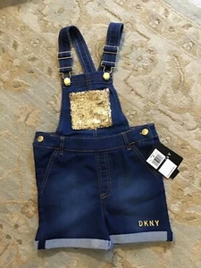 NEW DKNY Girls Denim Gold Sequins Overalls Size 5 Size 6X - Picture 1 of 7