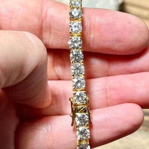 10Ct Round Cut VVS1 Real Moissanite 7" Tennis Bracelet 14K Yellow Gold Plated - Picture 1 of 6
