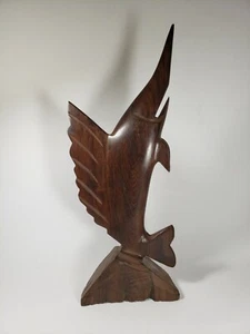 "Estatua de pez espada de madera de hierro tallado pez marlín pesca decoración del hogar oficina 13" - Imagen 1 de 13