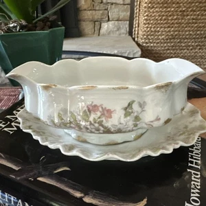 LIMOGES GDA FRANCE PINK FLORAL GRAVY BOAT Read! - Picture 1 of 15