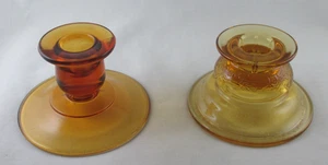 VINTAGE LOW CANDLESTICKS 2PCS AMBER GLASS MADRID 1976 AND 1920S ELEGANT 2.5IN - Picture 1 of 4