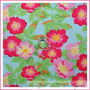 BonEful Fabric Cotton Quilt Blue Pink Green Flower Spring Leaf Dot Calico SCRAP - Picture 1 of 9