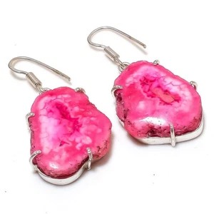 Solar Quartz Druzy Gemstone Silver Plated Dangle Earrings Jewelry 2" - Picture 1 of 1