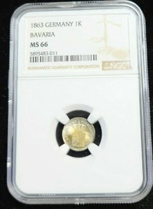 1863 GERMANY SILVER 1 KREUZER 1K BAVARIA NGC MS 66 BEAUTIFUL GEM BU - Picture 1 of 6