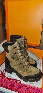 NEW TORY BURCH LUG SOLE HIKER COCONUT SUEDE LEATHER LACE UP ANKLE BOOTS 7.5 NIB - Picture 1 of 14