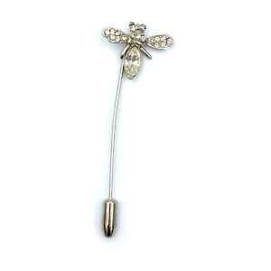 Bee Stickpin Clear Rhinestones White Crystals Silver Tone Lapel Pin Insect Vtg