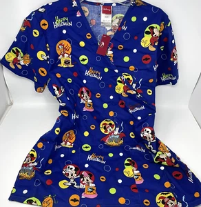NWT Disney Minnie Mouse Halloween Scrub Top Sz S Short Sleeve Pockets Purple - Picture 1 of 5