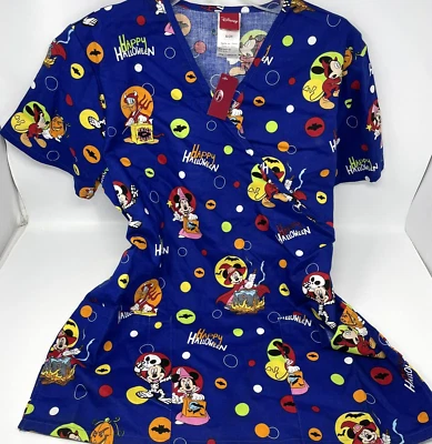 NWT Disney Minnie Mouse Halloween Scrub Top Sz S Short Sleeve Pockets Purple - Image 1 of 4