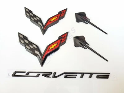5PC 2014-2019 Corvette C7 Gloss Black Front & Rear & Stingray Cross Flags Emblem - Image 1 of 4