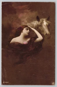 Exotic Young Woman Posing with Horse Mysterious Lady Art Postcard Hand Colored - Picture 1 of 5