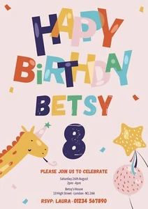 Digital Birthday Party Personalised Invite - Kids Giraffe Pink - For Any Age - Picture 1 of 3