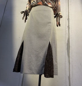 KAREN MILLEN skirt brown 12 houndstooth check A line mid length lace detail hem - Picture 1 of 7