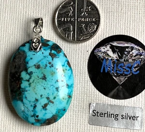 NATURAL PERSIAN TURQUOISE 32MM PENDANT WITH 925 STERLING SILVER BAIL STAMPED 925 - Picture 1 of 6