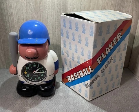 Vintage Baseball Player Blue Hat Alarm Clock Analog Plastic 8" X" 5" w/Box Rare Cover