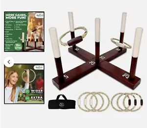 Rustic Ring Toss Outdoor Game - All-Weather - Multi-Game - Vintage Wood & Rope - Picture 1 of 5
