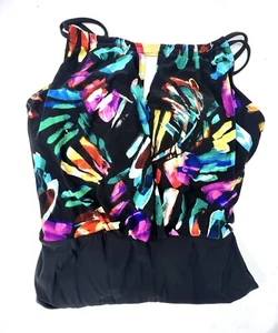 Aqua Green Tropical Multicolor High-neck UPF 50 Hardware One-Piece Swimsuit M - Picture 1 of 3