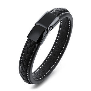 Black Genuine Leather Bracelet Wristband Stainless Steel Fashion Men's Gifts