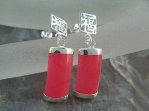 Pink Red Jade White Gold Plated Blessing Fortune Dangle Stud Earrings - Picture 1 of 3