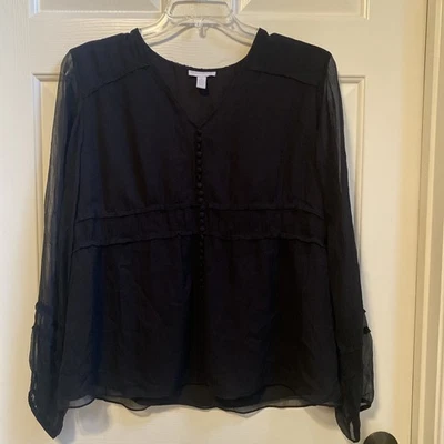 Charter Club Blouse Womens Sheer Lined Black V-Neck Long Sleeve - Image 1 of 4