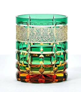 【NEW】Edo Kiriko Crystal Glass Amber Old Green Rock Glass Haku Craft Work JAPAN - Picture 1 of 7