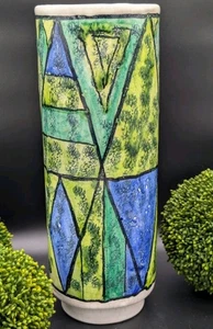 Vtg MCM 952 Italy Raymor Vase Blue Green Geometric 12" Cylinder Stained Glass - Picture 1 of 11